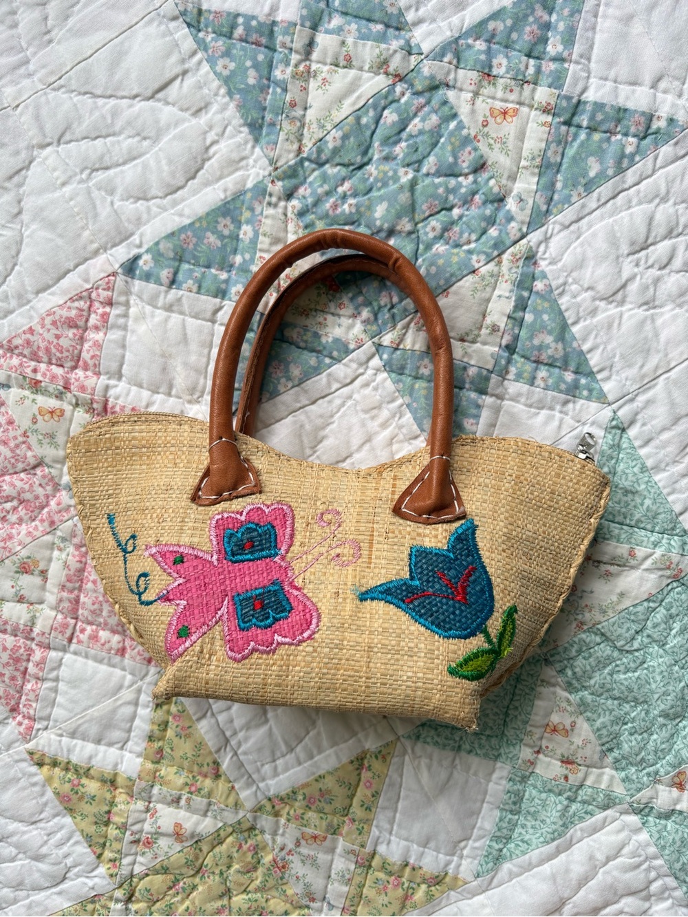 Handwoven Straw Tote Pink Blue Floral Embroidery Butterfly Cottagecore Boho